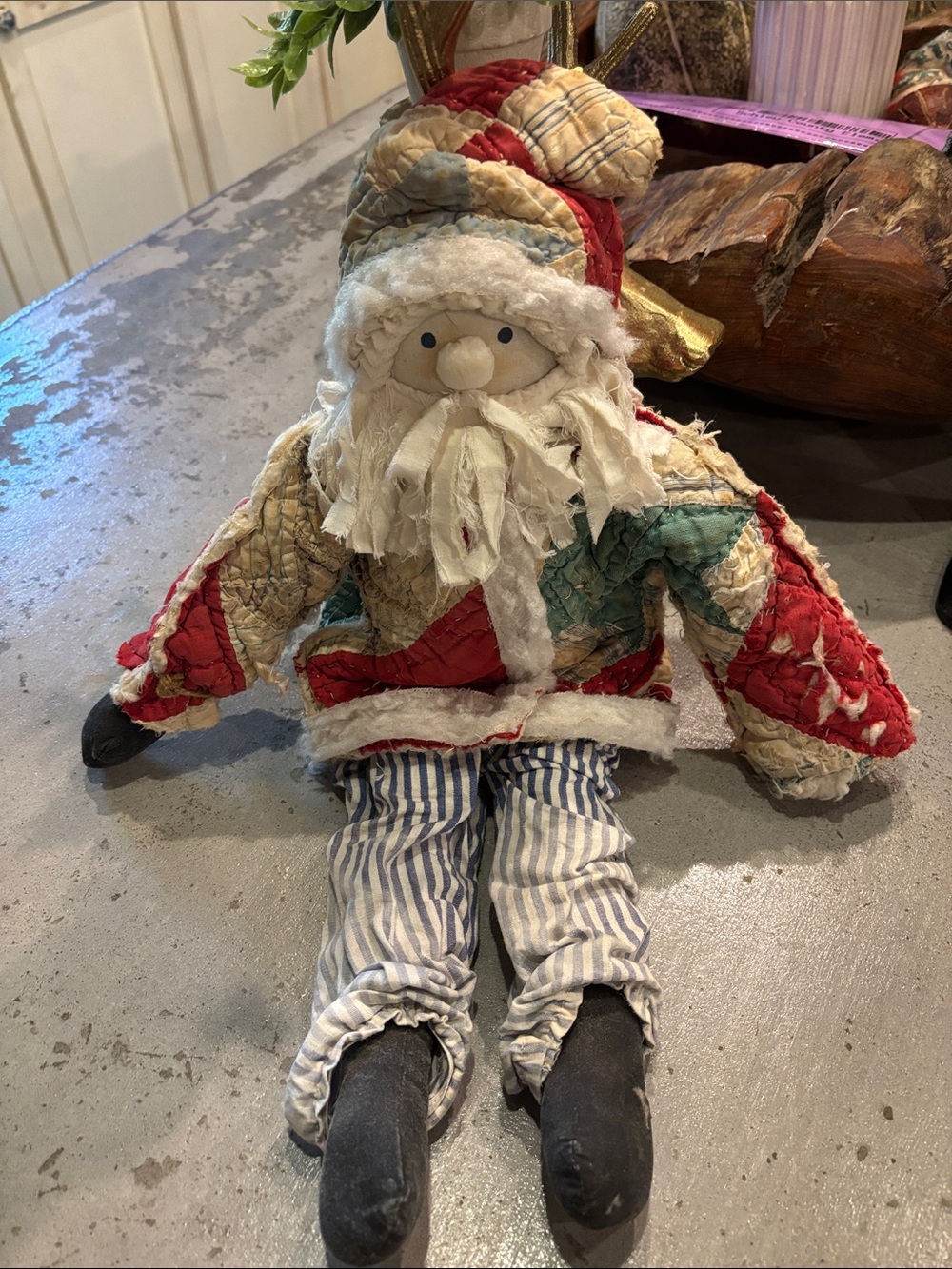 Folk art primitive Handcrafted Fabric Santa Doll - Red, Cream & Blue Home Accent